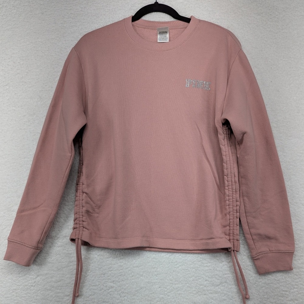 PINK Victoria's Secret Rose Pink Crewneck Sweatshirt Ruched‎ Side Drawstrings M